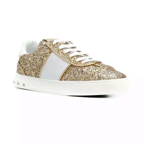 Valentino Rockstud Fly Crew Gold Glitter Sneakers - Picture 10 of 13